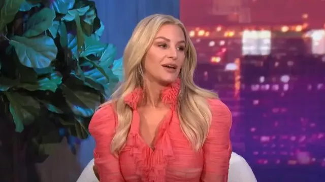 Tom Ford Ruched Ruffle-trimmed Blouse In Fluo Coral worn by Morgan Stewart as seen in E! News Nightly Pop on August 10,2022