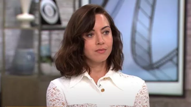 Louis Vuitton Floral Lace Shirt worn by Aubrey Plaza as seen in CBS Mornings on August 09,2022