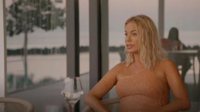 Oseree Shine One-Shoulder Lurex Swimsuit worn by Caroline Stanbury as seen in The Real Housewives of Dubai (S01E11)