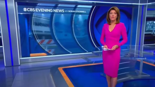 Badgley Mischka Odessa Ruched Sheath Dress worn by Norah O'Donnell as seen in CBS Evening News on August 29,2022