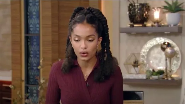 Philosophy Di Lorenzo Serafini Cropped Ribbed-Knit Wrap Top worn by Yara Shahidi as seen in LIVE with Kelly and Ryan on August 29,2022