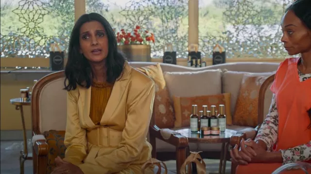 Danielle Bernstein Belted Satin Blazer worn by Nalini Vishwakumar (Poorna Jagannathan) as seen in Never Have I Ever (S02E01)