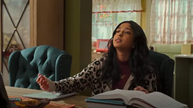 Sanctuary Play Cardigan Dark Exploded Spots worn by Devi Vishwakumar (Maitreyi Ramakrishnan) as seen in Never Have I Ever (S02E03)