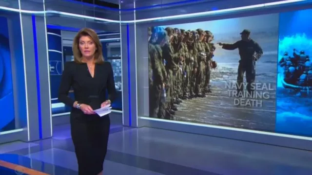 Giorgio Armani Draped Milano Stitch Midi Dress worn by Norah O'Donnell as seen in CBS Evening News on August 31,2022