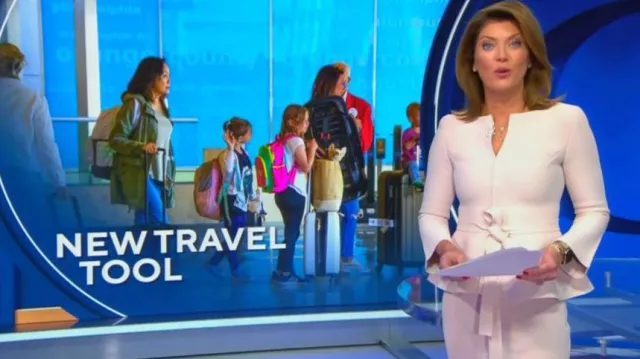 Scanlan Theodore Belted Crepe Knit Peplum Jacket worn by Norah O'Donnell as seen in CBS Evening News on September  01,2022