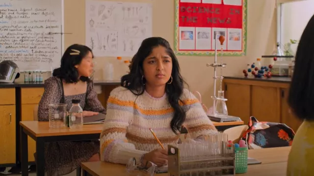 Rebecca Taylor Fluffy Stripe Pullover worn by Devi Vishwakumar (Maitreyi Ramakrishnan) as seen in Never Have I Ever (S02E05)