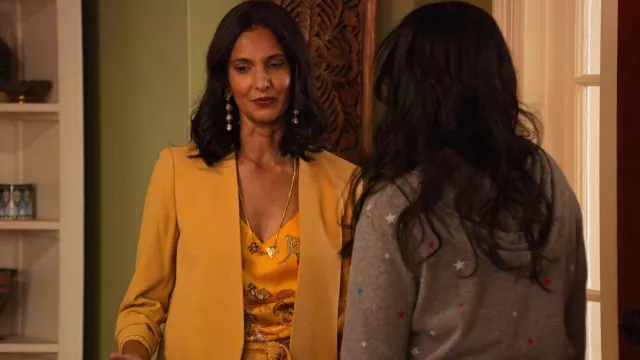 L'Agence Kylee Racer Silk Tank worn by Nalini Vishwakumar (Poorna Jagannathan) as seen in Never Have I Ever (S02E07)