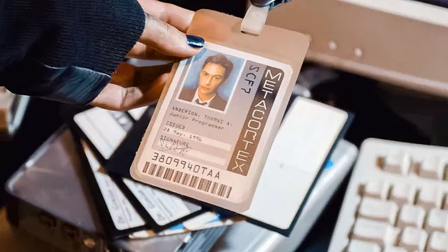 Metacortex Badge ID of Neo / Thomas Anderson (Keanu Reeves) in The Matrix Resurrections movie