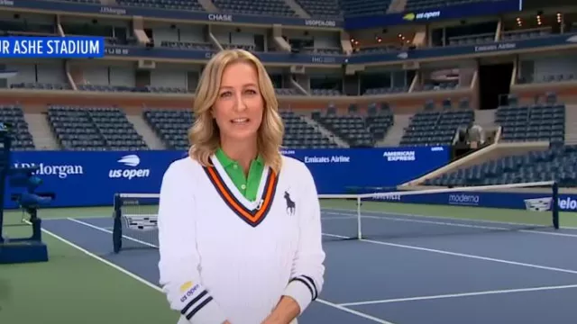 Polo Ralph Lauren US Open Umpire Cable-Knit Sweater worn by Lara Spencer as seen in Good Morning America on September 5,2022
