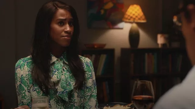 Brooks Brothers Silk Georgette Butterfly Print Bow Blouse worn by Jessie (Nneka Okafor) as seen in Everything's Trash (S01E09)