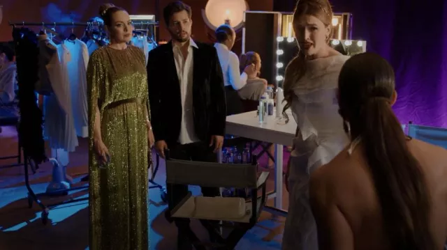 Reem Acra Cape Effect Velvet Trimmed Sequined Chiffon Gown worn by Fallon Carrington (Elizabeth Gillies) as seen in Dynasty (S04E14)