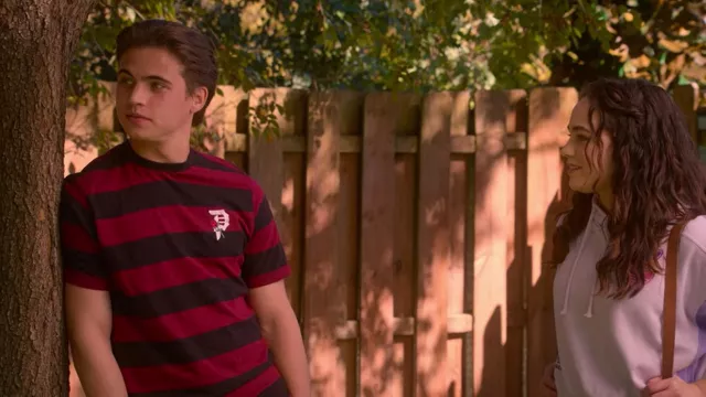 Sur Terraplén cero Camiseta a rayas rojas y negras usada por Robby Keene (Tanner Buchanan) en  el programa de televisión Cobra Kai (Temporada 5 Episodio 7) | Spotern
