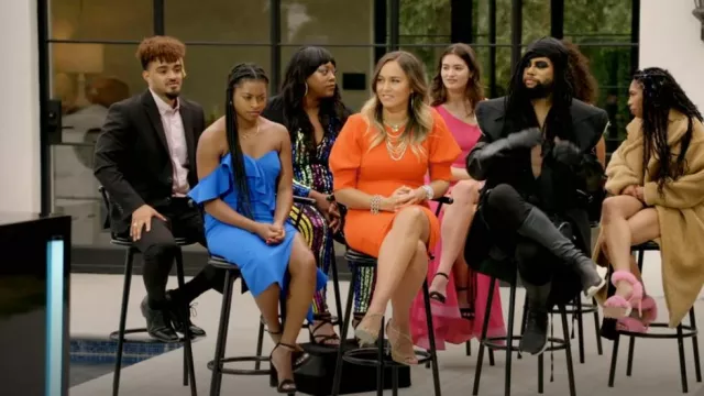Aidan Mattox Asymmetrical Ruffle One-Shoulder Crepe Dress worn by Louise as seen in Claim to Fame (S01E10)