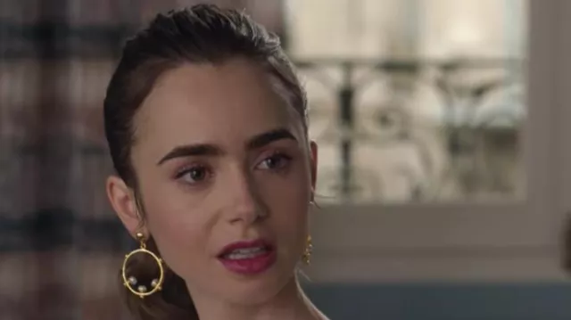 Pearl and Gold Bead Hoop Earrings worn by Emily Cooper (Lily Collins) in Emily in Paris TV series outfits (Season 2 Episode 7)