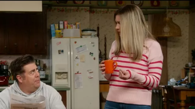 Philosophy Pink Striped Sweater worn by Allison McRoberts (Annie Murphy) as seen in KEVIN CAN F**K HIMSELF (S02E05)