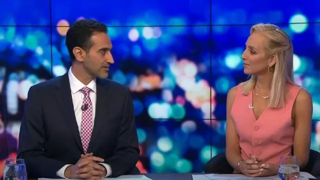 By johnny Ste­vie Waist­coat worn by Carrie Bickmore as seen in The Project on September 20,2022