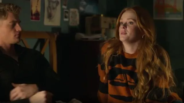 Markus Lupfer Dani Intarsia Stripe Lip Sweater worn by Bloom Peters (Abigail Cowen) as seen in Fate: The Winx Saga (S02E05)