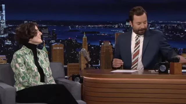 Krill Check Printed Green Bomber Jacket worn by Ana Fabrega as seen in The Tonight Show Starring Jimmy Fallon