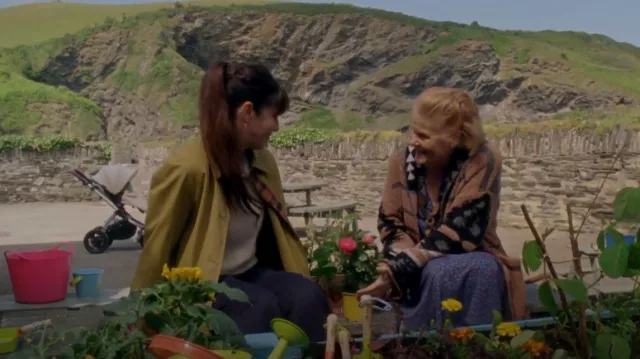 Spool No 72 Vintage Wyoming Native Vintage Inspired Boho Sweater Coat Jacket worn by Ruth Ellingham (Eileen Atkins) as seen in Doc Martin (S10E03)