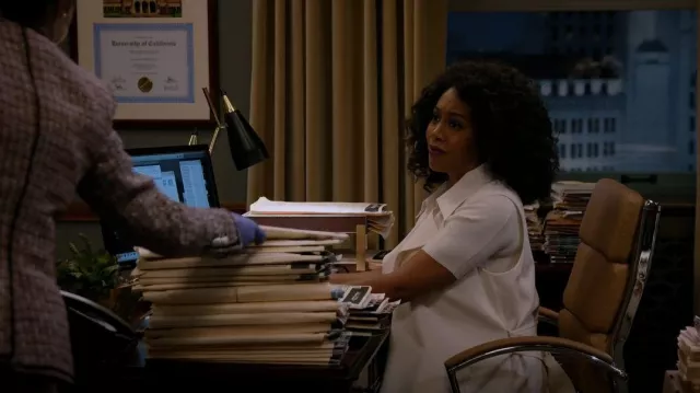 Theory Oaklane Vest worn by Lola Carmichael (Simone Missick) as seen in All Rise (S02E01)