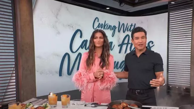 Lapointe Feather-Trimmed Satin Midi Shirt Dress worn by Camila Alves as seen in Access Hollywood on September 27,2022
