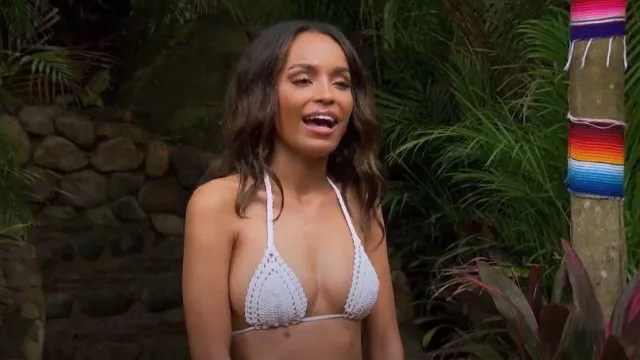 Jmp the label Cabo Cro­chet Tran­gle Biki­ni Top worn by Serene Russell as seen in Bachelor in Paradise (S08E01)