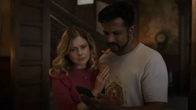Hot Topic Dungeons & Dragons D20 Dice Asian Letters T-Shirt worn by Jay (Utkarsh Ambudkar) as seen in Ghosts (S02E01)