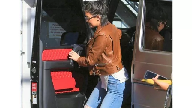 Motorcycle Brown Leather Jacket worn by Kylie Jenner arriving at Nail Bar and Beauty Lounge on July 13, 2015 