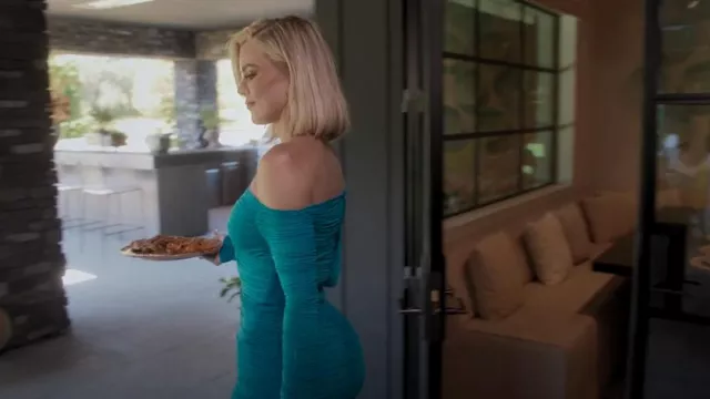 Alex Perry Hadley Off-Shoulder Ruched Mini Dress worn by Khloé Kardashian as seen in The Kardashians (S02E01)