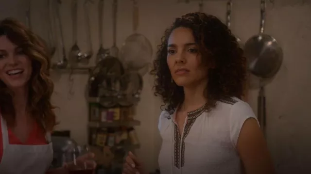 DR2 By Daniel Rainn Tas­sel Neck Cap Sleeve Blouse worn by Carmen Diaz (Vanessa Rubio) as seen in Cobra Kai (S05E08)