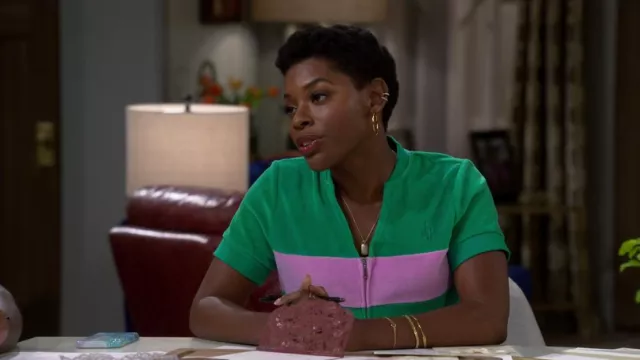 Juicy Couture Short Sleeve Colorblock Velour Track Jacket worn by Necie (Chelsea Harris) as seen in The Neighborhood (S05E03)