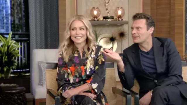 Jason Wu Pleated Long Sleeve Floral Midi Shirt Dress worn by Kelly Ripa as seen in LIVE with Kelly and Ryan on October 3,2022