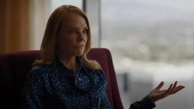A.P.C. Graph­ic Print Silk Shirt worn by Catherine Willows (Marg Helgenberger) as seen in CSI: Vegas (S02E01)