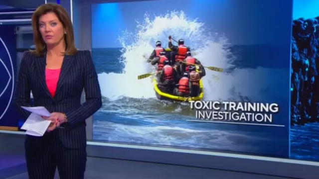 Alexander Mcqueen Pinstripe Wool Blazer worn by Norah O'Donnell as seen in CBS Evening News on October 04,2022