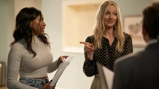 Polka dots blouse shirt worn by Bree Marie Jensen (Judy Greer) as seen in Reboot TV series wardrobe (Season 1 Episode 4)