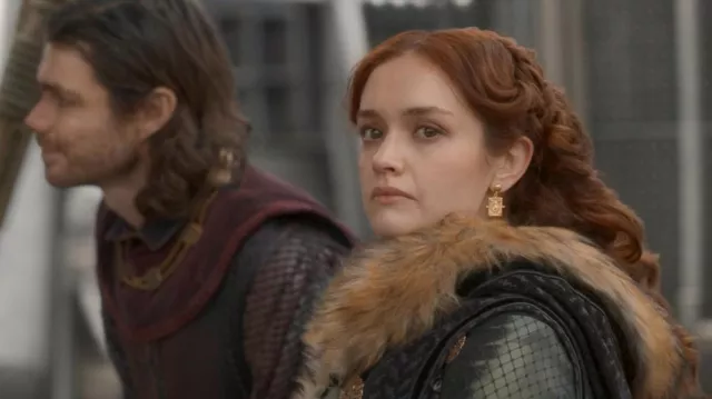 Gold Drop Earrings worn by Queen Alicent Hightower (Olivia Cooke) in House of the Dragon Wardrobe (Season 1 Episode 7)