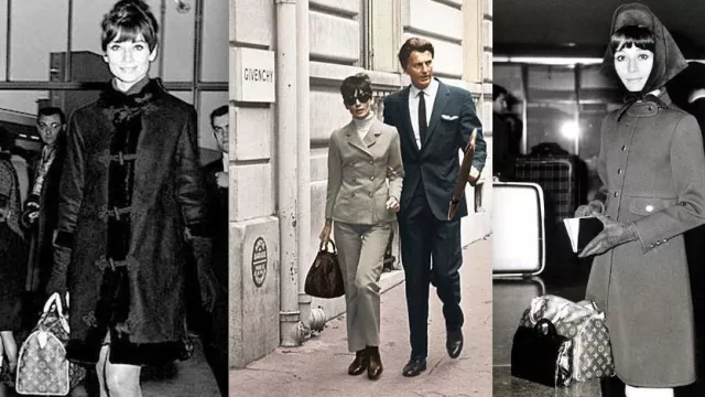 Louis Vuitton Speedy 25 bag worn by Audrey Hepburn pictured at Heathrow Airport before leaving for her home in Switzerland, 5th November 1966