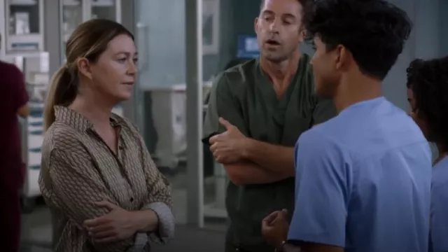 Victoria Beckham Brown Monogrammed Matte Satin Shirt worn by Dr. Meredith Grey (Ellen Pompeo) as seen in Grey's Anatomy (S19E01)