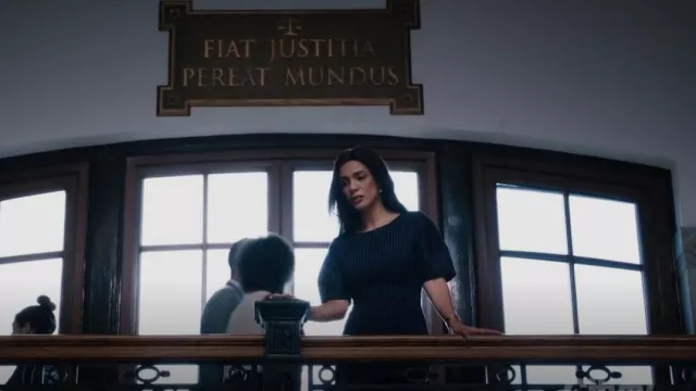 Boss Dusiny Striped Dress In Midnight worn by Samantha Maroun (Odelya Halevi) as seen in Law & Order (S22E03)