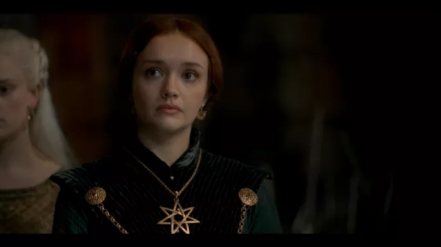 Sunrise Earrings worn by Queen Alicent Hightower (Olivia Cooke) in House of the Dragon TV show (S01E08)