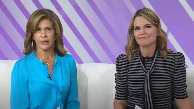 Michael Kors Tie Neck Stripe Cashmere Sweater worn by Savannah Guthrie as seen in Today on October 12, 2022