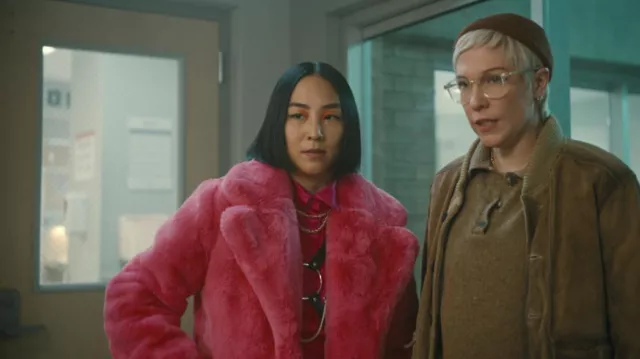 Pink Fur Coat Jacket worn by Maxine (Greta Lee) as seen in Russian Doll TV series wardrobe (Season 2 Episode 6)