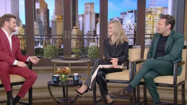 Lanvin High-Waisted Satin Trousers worn by Kelly Ripa as seen in LIVE with Kelly and Ryan on October 17, 2022