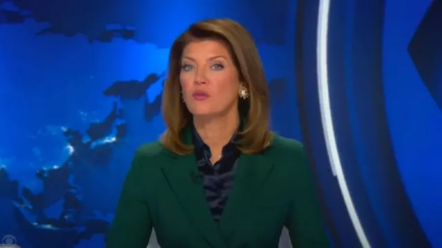 Akris Lorenz Asymmetric Button Jacket worn by Norah O'Donnell as seen in CBS Evening News on October 19, 2022