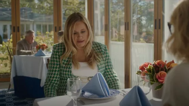 Zara Tweed Double Breasted Blazer Green worn by Karen Calhoun (Jennifer Coolidge) as seen in The Watcher (S01E02)