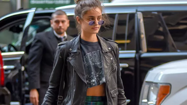Genuine Leather Biker Jacket worn by Taylor Hill Arriving At the Victoria’s Secret Fashion Show Fittings in New York on November 11, 2018