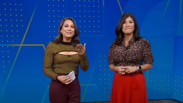 Nanette Lepore Leopard Print Button Down Blouse worn by Juju Chang as seen in Good Morning America on October 21, 2022