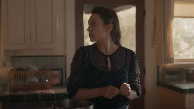 Frame Ruched Polka Dot Chiffon Top worn by Leigh Shaw (Elizabeth Olsen) as seen in Sorry For Your Loss (S02E03)