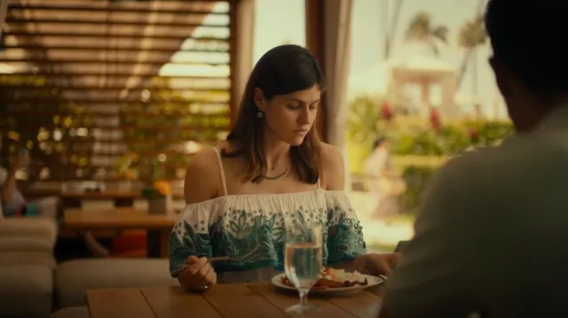 Mara Hoffman Leaf Embroidered Romper worn by Rachel Patton (Alexandra Daddario) as seen in The White Lotus (S01E03)