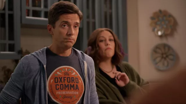 Nerdy Tees Oxford Comma Preservation worn by Tom (Topher Grace) as seen in Home Economics (S03E07)